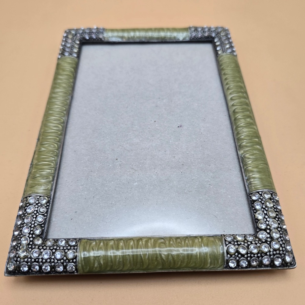 Sage Green Enamel and Rhinestone Picture Frame Vintage Style 4x6 Tabletop Decor - Picture 3 of 16